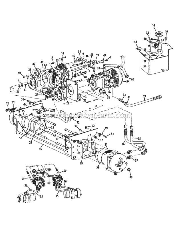 Hydro Hose & Pump Assembly Diagram and Parts List for S6032-D 53BY8DU6750-312HP Cub Cadet Lawn Tractor